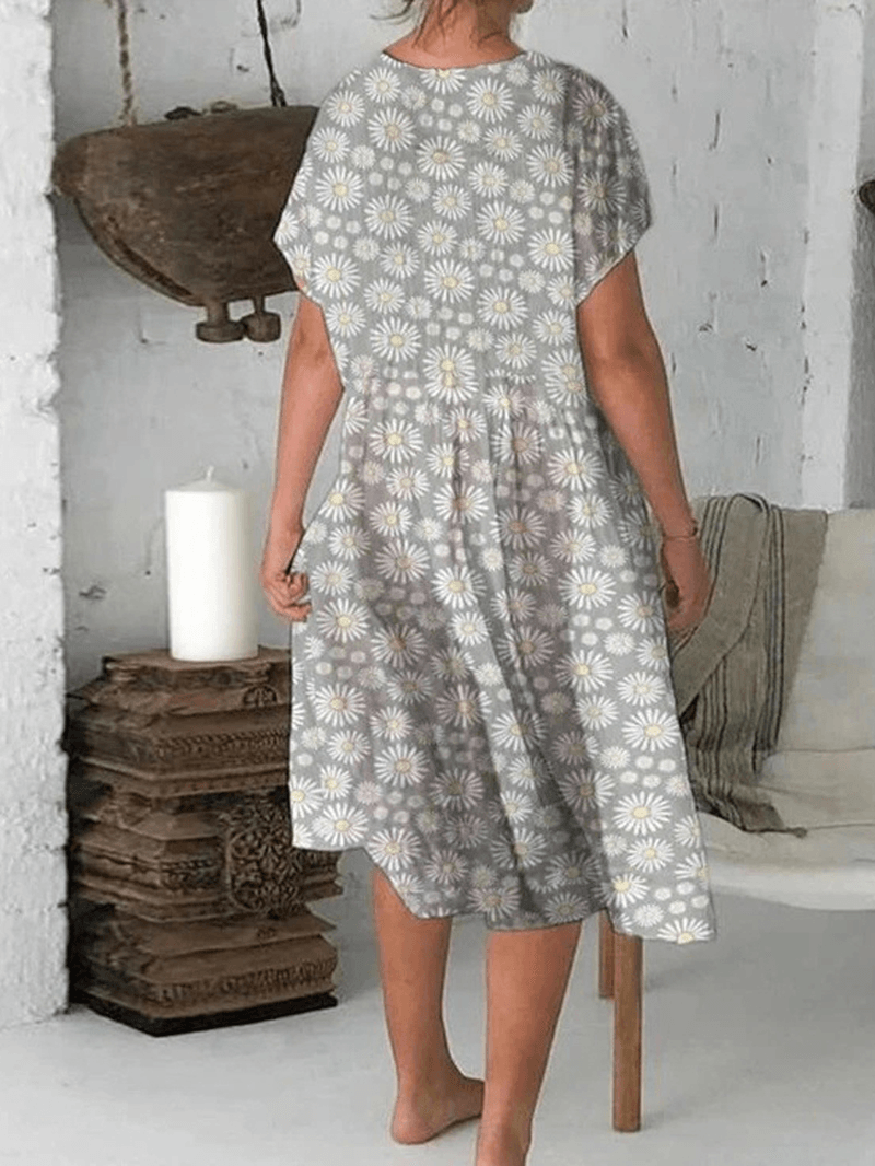 Alexa® | Sunflower Print Crew Neck Short Sleeve Casual Midi Dress in Cotton Blends