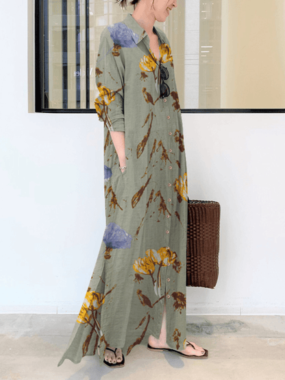 Zara® | Floral Estampado Cuello Solapa Manga Larga Botón Dividir Hem Maxi Vestido Camisa con Bolsillo