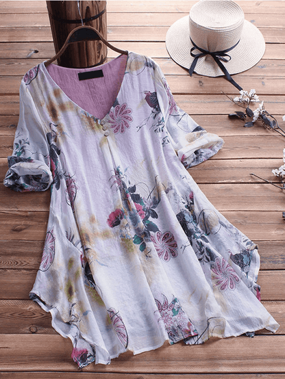 Jane® | Blusa de mujer con estampado floral y dobladillo asimétrico - Corte holgado, estilo retro