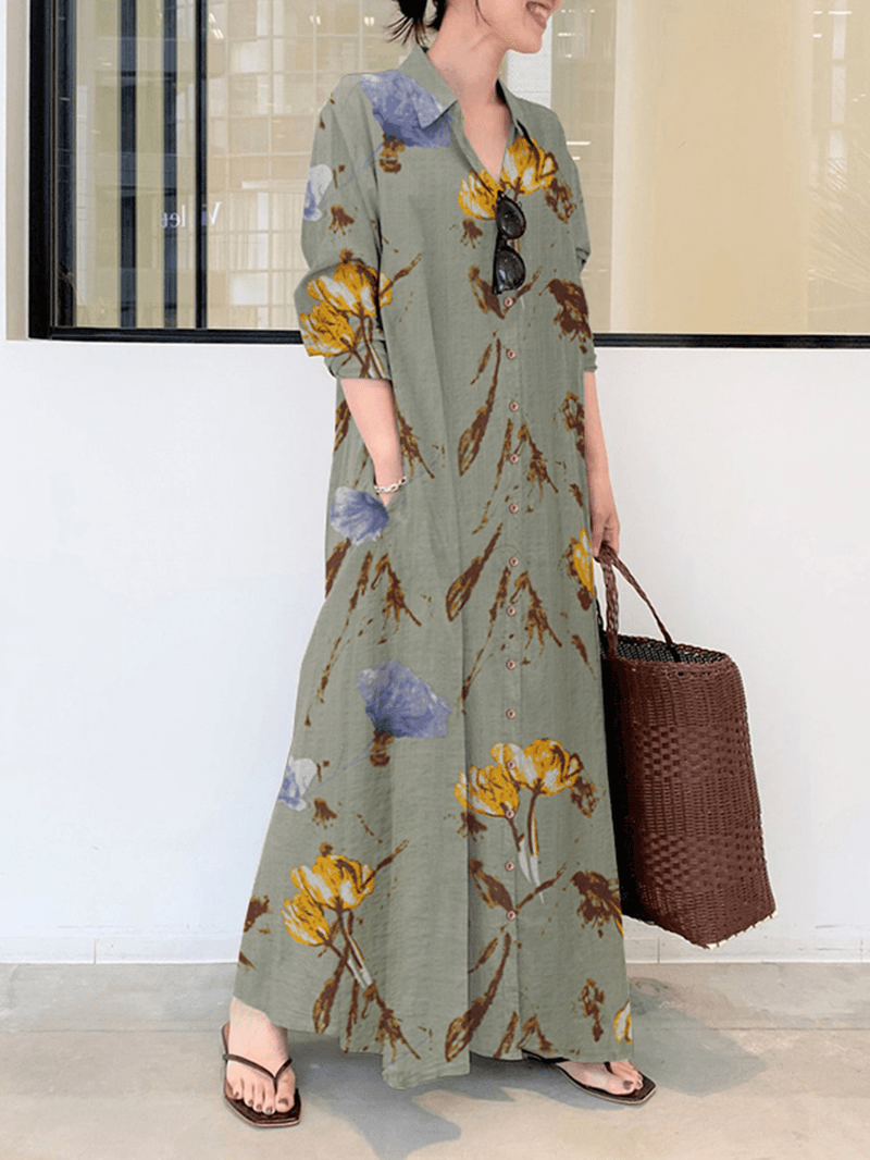 Floral Printed Lapel Collar Long Sleeve Button Split Hem Maxi Shirt Dress with Pocket - MRSLM