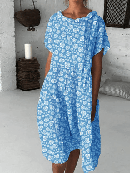 Alexa® | Sunflower Print Crew Neck Short Sleeve Casual Midi Dress in Cotton Blends