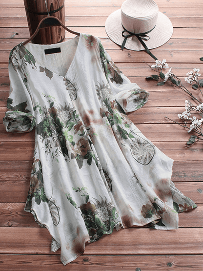 Women Floral Printed Loose Asymmetric Hem Blouse - MRSLM