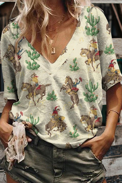 Camiseta Aubree® |Retro Western Print V-Neck