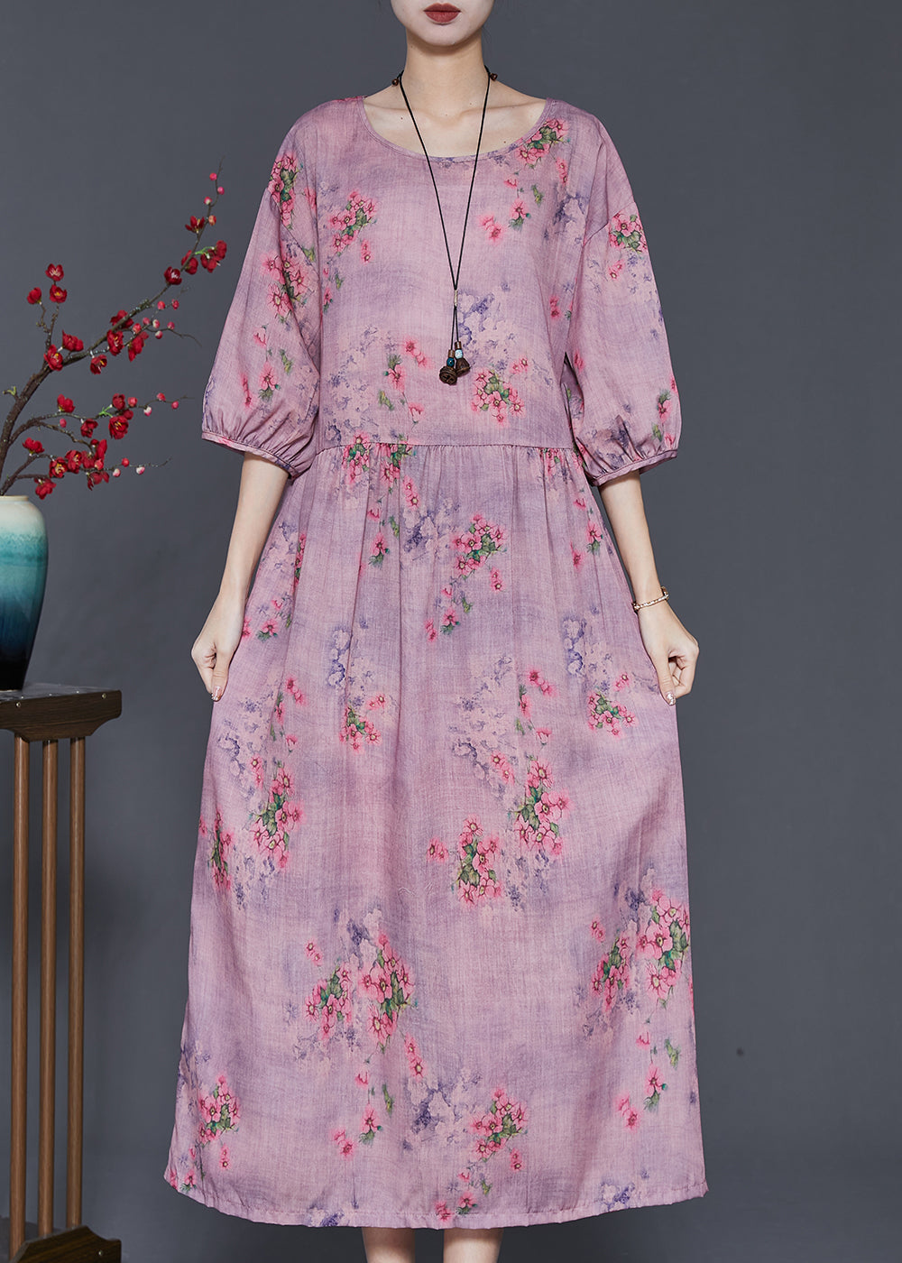 Faith® | Vestido moderno de lino con estampado oversize morado