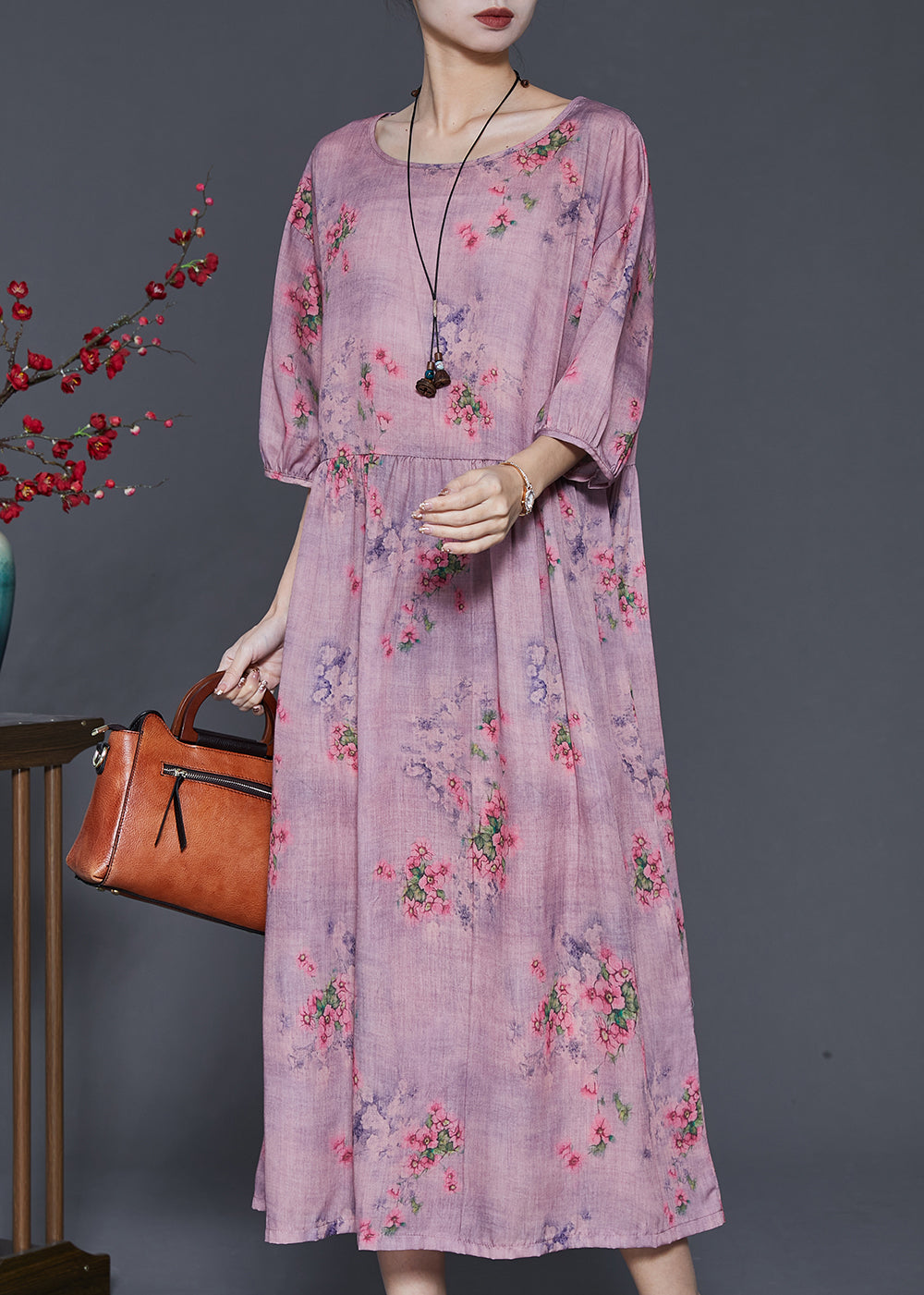 Faith® | Vestido moderno de lino con estampado oversize morado