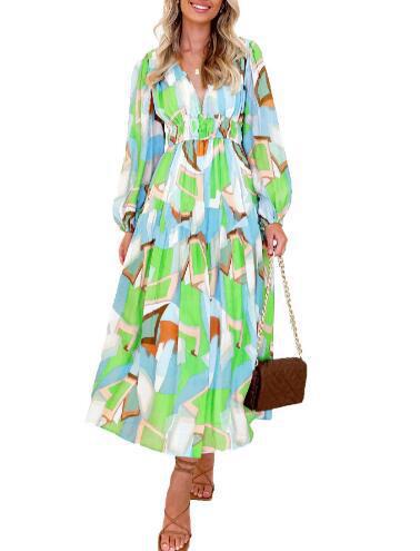 Women’s Printed V-Neck Long Sleeve Summer Maxi Dress