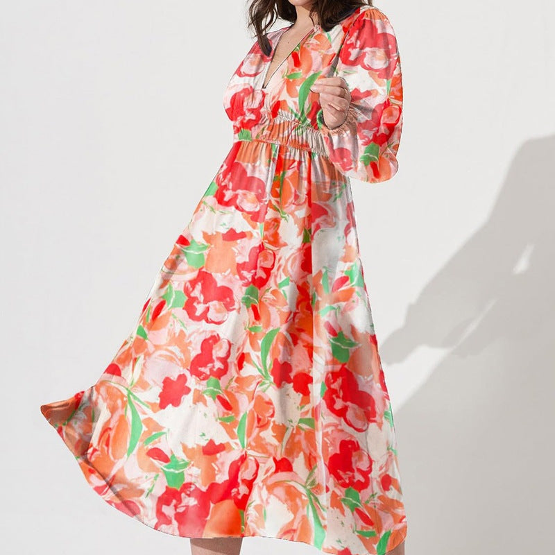 Women’s Printed V-Neck Long Sleeve Summer Maxi Dress