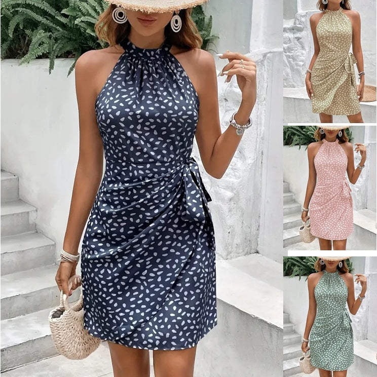 Women's Sleeveless Halter Neck Polka Dot Midi Dress with Side Tie