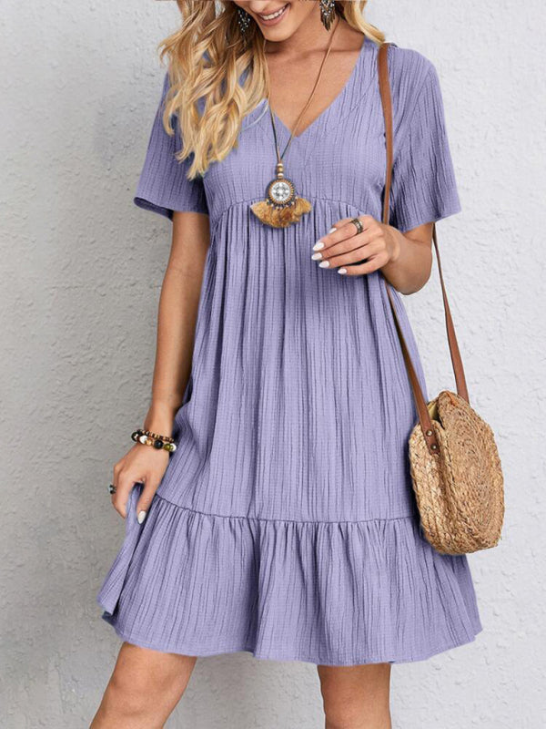 V-Neck Short Sleeve Loose Fit Midi Sundress in 7 Colors