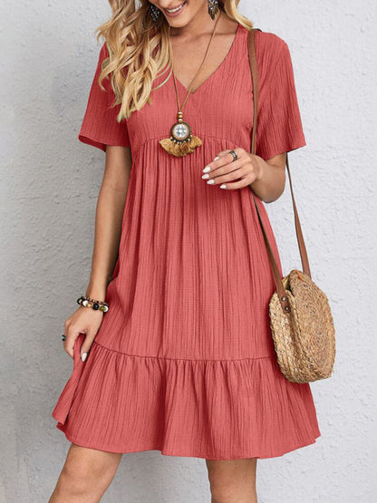 V-Neck Short Sleeve Loose Fit Midi Sundress in 7 Colors