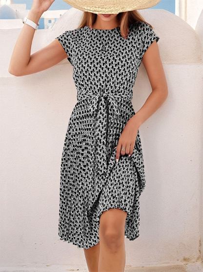 Women's Short Sleeve Patterned Midi Dress with Waist Tie