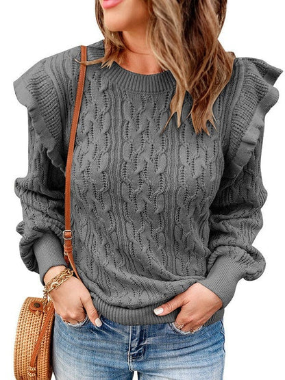 Loose Fit Cable Knit Women's Sweater with Mid-Collar - Khaki