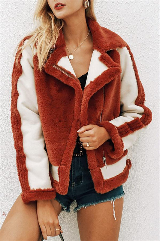 Plush Faux Fur Zipper Jacket - Red Coat Simplee S Red