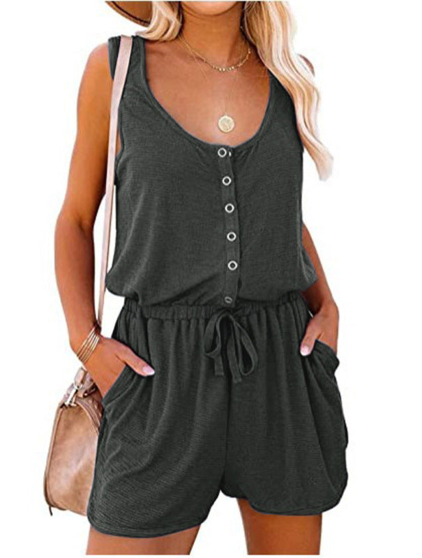 Women’s Sleeveless Romper with Side Pockets and Drawstring Waist in 6 Colors Sizes 4-26 - Wazzi's Wear