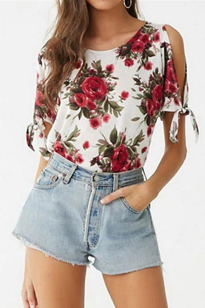 Round Collar Short Sleeve Printing T-shirt Blouses & Shirts 5201906151552 L orangered 