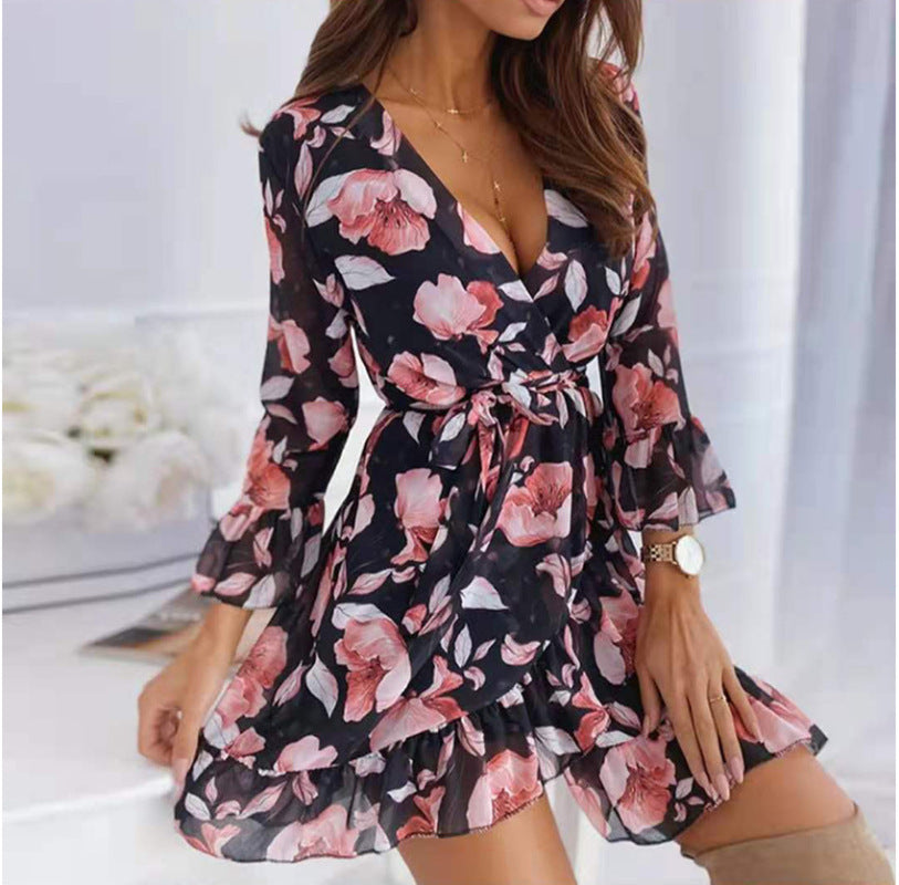 European and American sexy V-neck printed tie casual foreign trade nine-quarter-sleeve ruffled dress - Wazzi's Wear